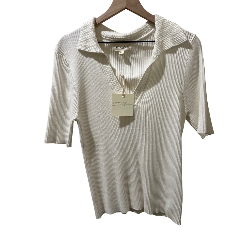 Marled Ribbed Knit Polo V-Neck Short Sleeve Sweater in Ivory, Womens Size XL NWT